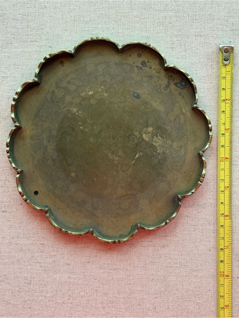 Vintage Chinese Engraved Brass Floral Tray | Scalloped Edge | China
